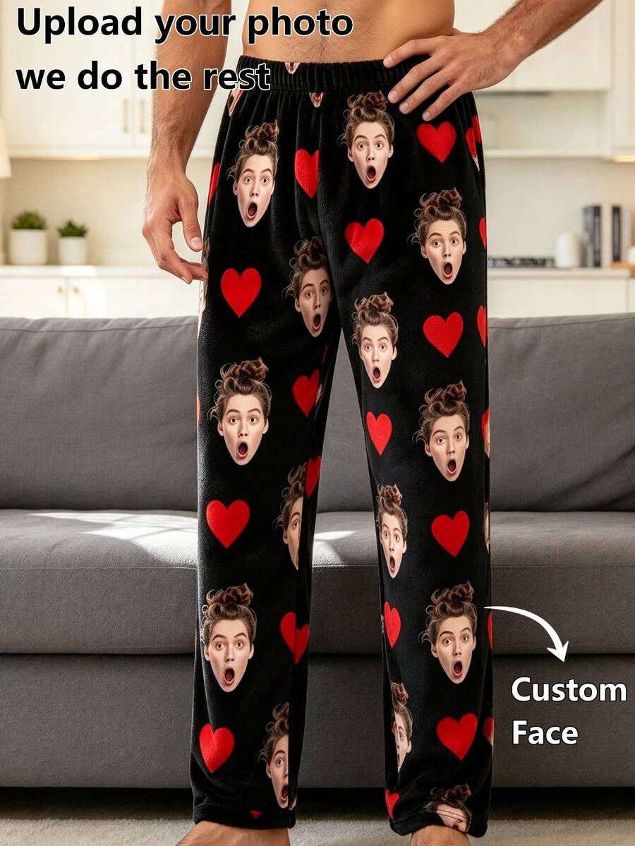 1pc Men's Customized Face Photo Red Heart Pattern Pajama Pants, Personalized Men's Home Sleepwear Warm Lounge Pants, Boyfriend Gift - Multicolor - View 1