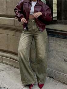 Y2K Retro Loose Straight Leg Jeans, Fashionable Casual Pants For Autumn/Winter - Dark Green - View 1