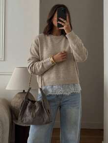 Women's Casual Cute French Elegant Minimalist Contrast Lace Long Sleeves Knit Sweater Top Jumper Fall Winter Going Out Outfits Clothes Date Office - Apricot - View 6