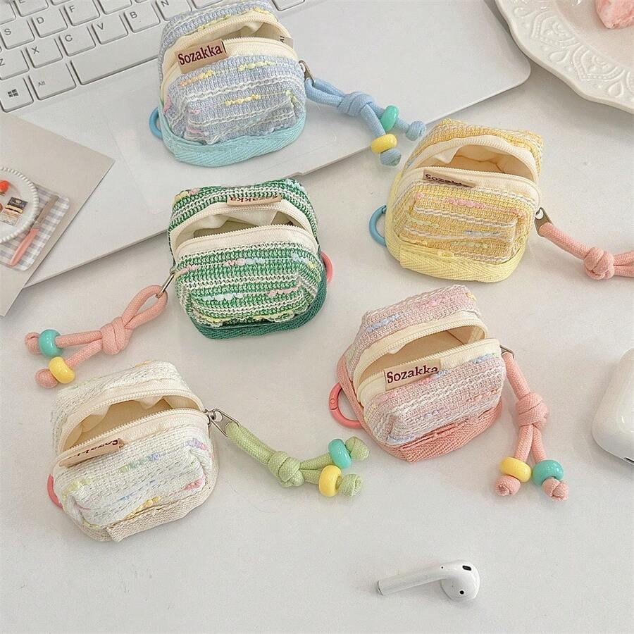 1 buah Kotak Pelindung Earbud Nirkabel Gaya Tweed, Kantong Penyimpanan Kain Lembut dengan Resleting dan Tali Pergelangan Tangan, Tas Pelindung Earphone Mini Portabel untuk Penggunaan Sehari-hari, Hadiah Ulang Tahun, Hadiah Natal