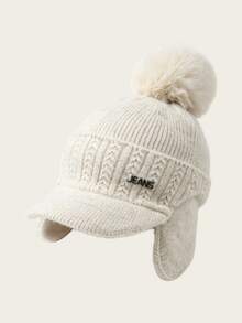 1pc Women's Solid Color Pom Pom Knit Cap, Knit Baseball Cap, Warm Ear Protection Windproof Hat, Thickened Letter Knitted Hat, Suitable For Outdoor Cycling And Cold Weather - Multi-color - View 6