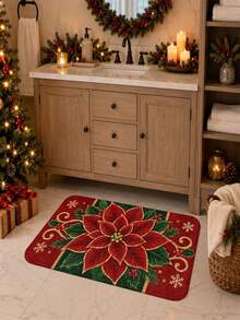 1pc Christmas Poinsettia Pattern Bathroom Mat, Machine Washable Indoor/Outdoor Decorative Carpet, Christmas Theme Velvet Doormat Suitable For Entryway, Bathroom, Door, Living Room And Christmas Home Decor - A - View 3