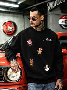 DOPE | Christmas Cartoon Pattern Print Sweatshirt For Men, Santa Claus, Gingerbread Man, Snowman Loose Fit Crew Neck Pullover - Black - View 1