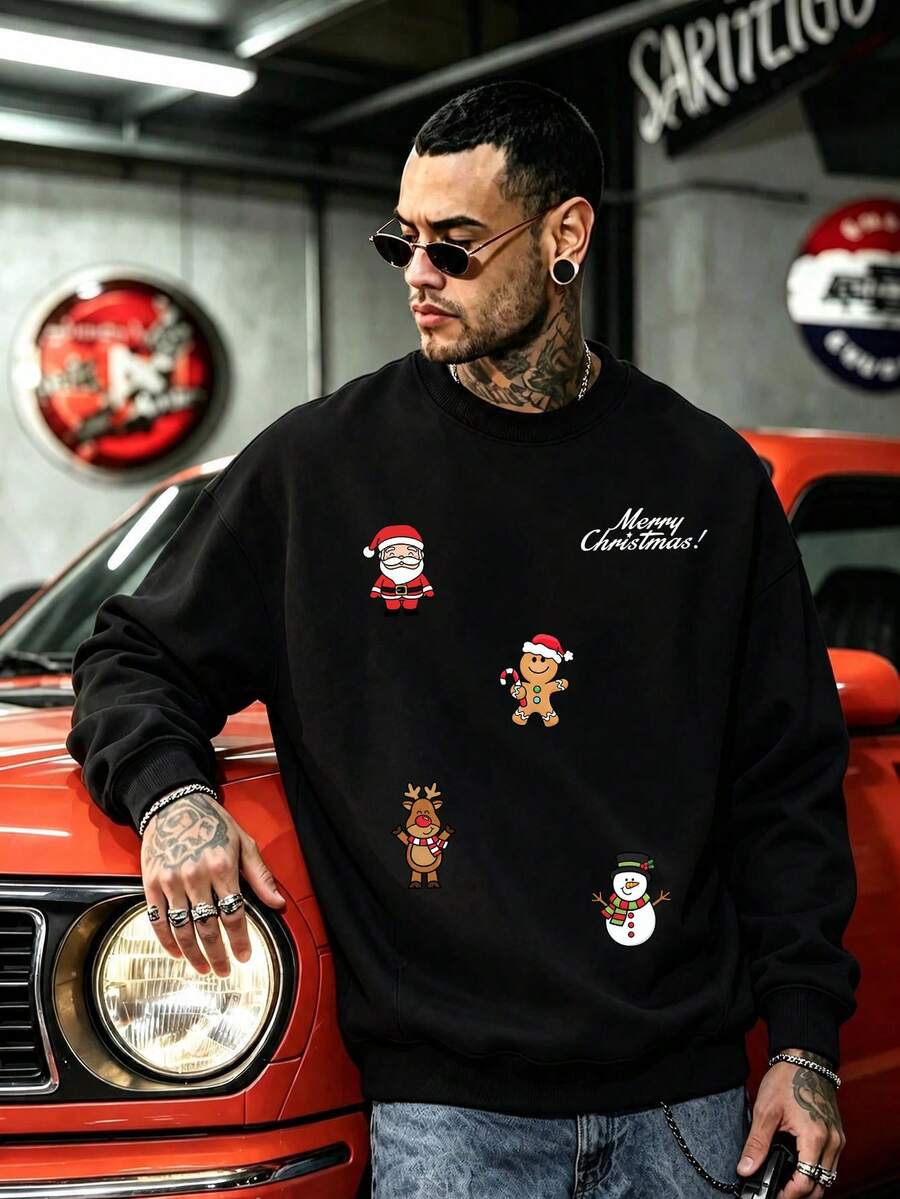 DOPE | Christmas Cartoon Pattern Print Sweatshirt For Men, Santa Claus, Gingerbread Man, Snowman Loose Fit Crew Neck Pullover - Black - View 1