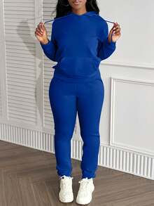 LovelyWholesale Women's Hooded Collar Long Sleeves Pocket Plain Casual Everyday Wear Top And Pants Set Spring Fall Clothing - Royal Blue - View 5