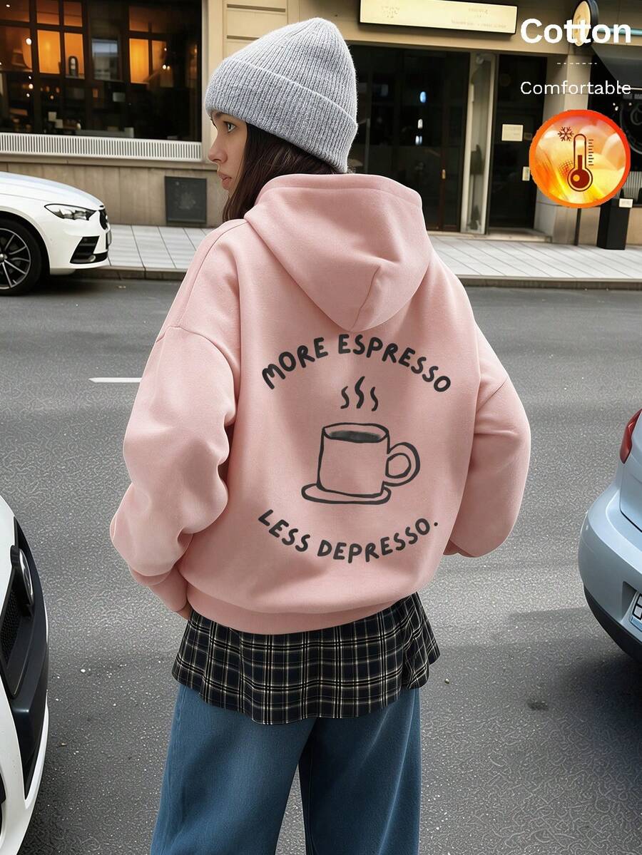 Women's Thermal Lined Hooded Sweatshirt, Coffee Cup Graphic, Printed With "MORE ESPRESSO LESS" Text, Y2K Style, Autumn/Winter - Sand Red - View 1