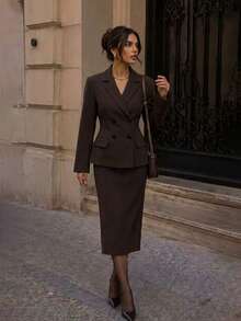 Elegant Women's Lapel Double-Breasted Blazer And Skirt Set, Suitable For Autumn Workplace Or Business Wear - Brown - View 2
