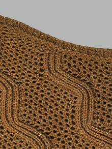 Autumn Brown Fringe Knit Poncho Cape For Women Wave Hollow Pattern Asymmetric Wrap Fall Clothes Elegant Casual Going Out Outfits - Brown - View 6