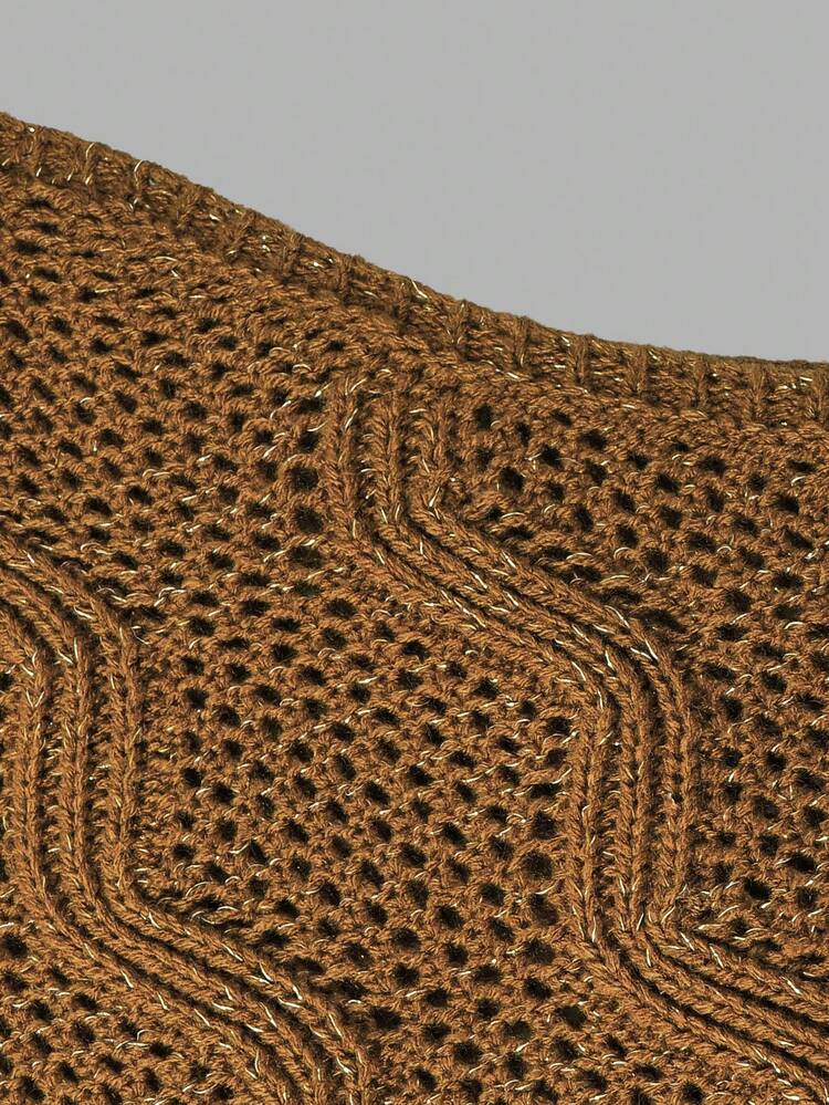 Autumn Brown Fringe Knit Poncho Cape For Women Wave Hollow Pattern Asymmetric Wrap Fall Clothes Elegant Casual Going Out Outfits - Brown - View 6
