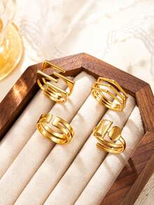 4pcs Minimalist Luxury Stainless Steel Gold Open Ring Set, Geometric Design, Women's Daily, Date, Holiday, Engagement, Wedding, Gift Jewelry - Gold - View 3