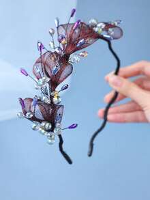 Gothic Dark Burgundy Red Mesh Crystal Rhinestone Bridal Headband Wedding Hair Accessories For Cocktail Party Prom Formal Evening Gala Celebration - Burgundy - View 4