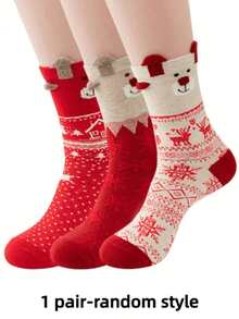 1/3/6 Pairs Women's Christmas Red Mid-Calf Socks, Printed With Santa Claus, Snowman, Reindeer Patterns, Suitable For Christmas Outfits - Multicolor - View 15
