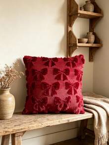 1pc Bowknot Tufted Pillowcase, Multi-Color Textured Pillowcase, Sofa Cushion Cover, Bohemian Style Home Decor, Farmhouse Living Room Sofa Home Decor, Pillow Insert Not Included - Burgundy - View 8