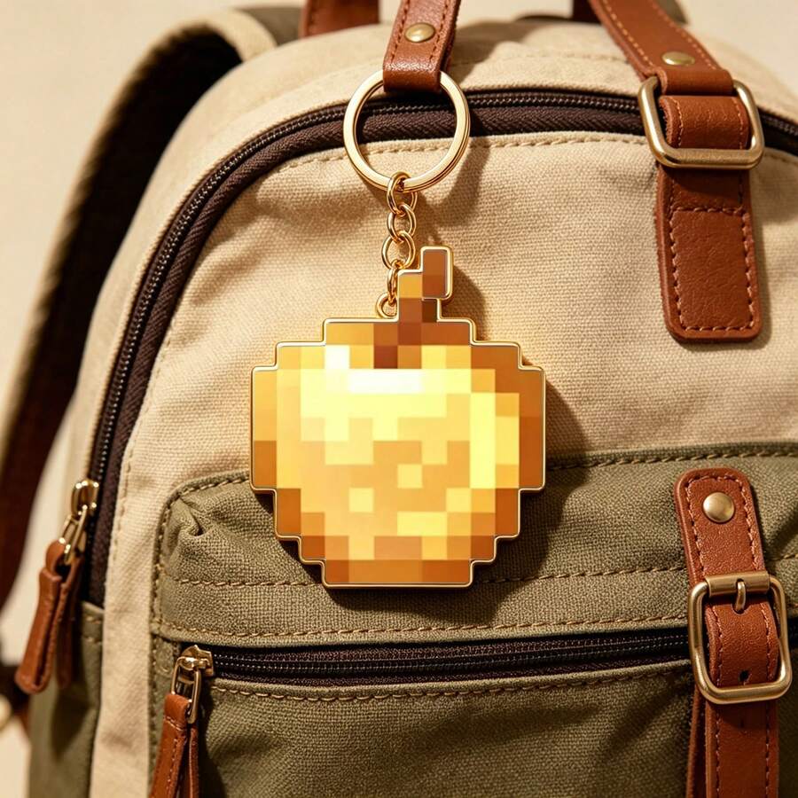 Nostalgic Gift For Your Duo,Pixel Golden Apple Keychain, Retro Game-Style Pixelated Golden Apple Pendant, Metal Keyring Backpack Charm, The Gamer Bestie Who Sticks With You, Bag Decoration - Multicolor - View 1