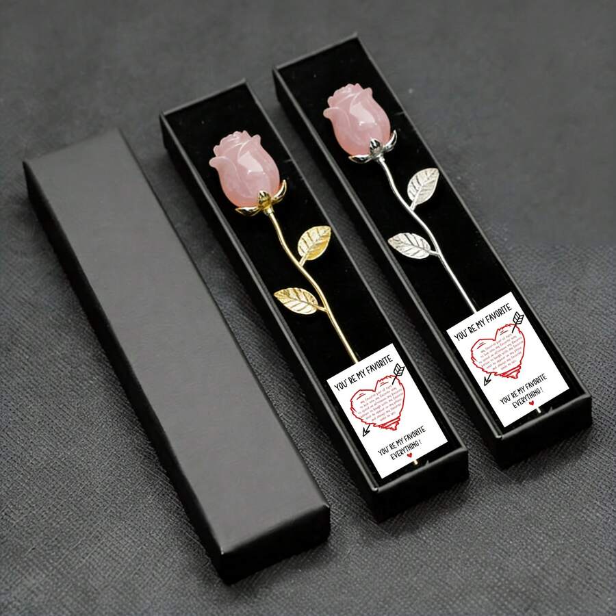 1PC/2PCS Natural Rose Quartz Rose Flower, Hand Carved Natural Crystal Rose Decorations, Perfect For Valentine's Day, Weddings, Anniversaries - With Ex