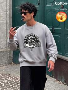 Men's Fleece Crew Neck Sweatshirt With Skull & Text Print, Y2K Style, Autumn/Winter - Heather Gray - View 5