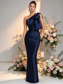 HOMEYEE Women's Navy Blue Fitted Maxi Dress, Elegant Cocktail Party Formal Gown With Bow Tie Detail Wedding Fall - Navy Blue - View 2