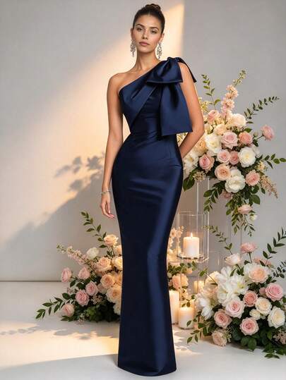 HOMEYEE Vestido Longo Ajustado Azul Marinho Feminino, Vestido de Festa Elegante com Detalhe de Laço, Vestido Formal para Casamento e Outono