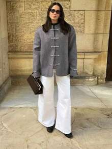SMILE CHIC Autumn/Winter Minimalist Daily Vintage Commute Front Placket Straight Chinese Frog Button Cuffs Slit Frog Button Women's Overcoat Casual Versatile - Grey - View 3