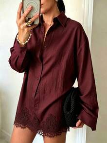 Women's Casual Loose Brown Lace Patchwork Shirt, Lightweight Breathable Loose Fit, Suitable For Vacation, Dating, Daily Wear, All Season, Autumn Outfit - Burgundy - View 1