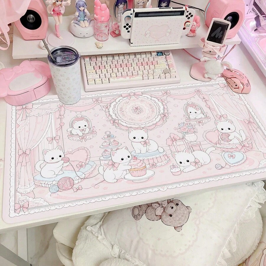 Aesthetic Kawaii Leather Mouse Pad, Extra Large Pastel Pink Kitten ...