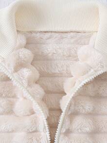 Autumn/Winter Girls Toddler Horizontal Striped 3D Velvet Zip-Up Stand Collar Long Sleeve Jacket - Apricot - View 4