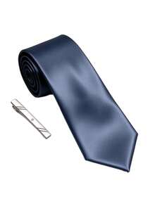 1 Set 8cm Solid Color Satin Men's Business Fashion Versatile Tie And Tie Clip Accessories, Suitable For Work, Interview, Wedding, Evening Party, Gathering, Family Dinner, Daily Wear - Dark Grey - View 3