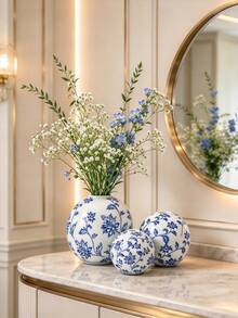 1PC Chinoiserie Blue & White Floral Sphere Ceramic Vase Set, Round Decorative Flower Vases For Living Room Entryway Balcony Home Decor - Blue and White Porcelain Round Vase - View 3