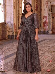 MGIACY Plus Size Fall Winter Elegant Surplice V-Neck Puff 3/4 Sleeve Sequin A-Line Maxi Dress Evening Gown For Party Wedding Prom Festival - Watermelon Pink - View 5
