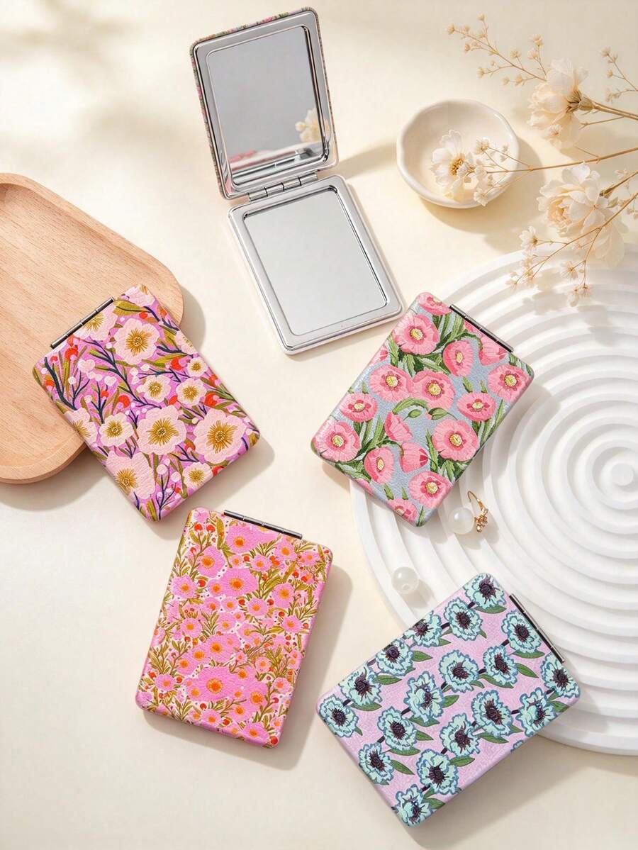 1PC British Country Style Portable Vanity Mirror, Foldable Lightweight Ultra-Thin Convenient Hand Mirror, PU Leather, Suitable For Multiple Scenarios And All People, Rectangular Mirror, Pocket Mirror, Fresh Floral Pattern Design, Exquisite And Delicate, Easy To Carry, Handheld Makeup Mirror, 180° Flip Cover, Multi-Function Mini Mirror, Compact Mirror, Mirrors - Multicolor - View 1