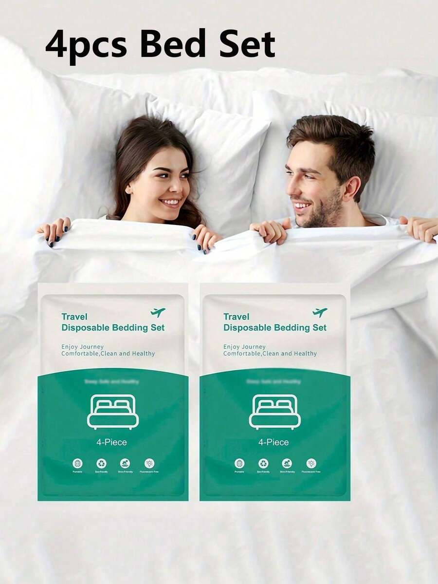 4pcs Disposable Portable Travel Bedding Set, Hotel Disposable Bedding, Business Travel Bedding, Essential Bedding For Travel, Hotel, Hospital, Train, Camping, Disposable Bedding Set, Disposable Large Bed Sheet, Ready To Use And Clean - White - View 1