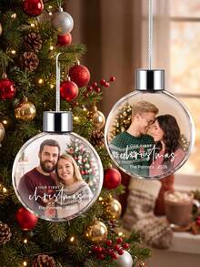 1pc Custom Photo And Text Christmas Ball Ornament, Personalized Our First Christmas Couple Round Bauble, Custom Keepsake Christmas Gift For Newlyweds - Multicolor - View 2