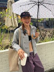 Cardigan Rajut Bergaris dengan Detail Saku, Kerah, Lengan Panjang, Kancing Depan, Potongan Reguler, Cardigan Sweater Musim Gugur Abu-abu, Atasan Kasual Elegan untuk Berlapis - Grey - View 3