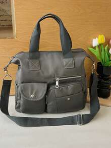 Tas jinjing nilon abu-abu dengan banyak kantong, desain kancing jepret dan resleting, kapasitas besar, tas selempang, ringan, tas bahu kasual untuk bepergian. - Grey - View 3