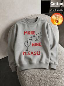 Men's Fleece Crew Neck Sweatshirt, Wine Pouring Print, MORE WINE PLEASE Text, Y2K Style, Autumn/Winter - Heather Gray - View 2