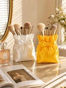 Cute Bow Satin Makeup Brush Holder, 3D Printed Storage Decor, Bow Pen Holder Storage Tube, Pleated Silky Makeup Storage Cup, Decorative Desktop Storage Container Suitable For Vanity, Girls Makeup Accessories - Multicolor - View 7