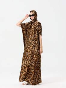 1pc Faux Silk Solid Color Long Robe Pullover Shawl With Small Scarf Set, Women's Outerwear Decoration For Beach, Sun Protection, Windproof, UV Protection, Daily Matching - Leopard and Zebra Print - View 8