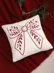 Miater 1pc/2pcs Christmas Decorative Pillow Case, Plush Embroidered Bow, Winter Sofa Living Room Bedroom Home Decor Party Holiday Gift - Red - View 6