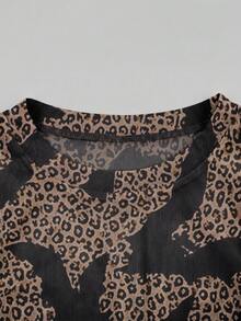 Women Leopard Bat Print Mesh Long Sleeve Top, Crew Neck Sheer See Through Slim Fit Shirt, Halloween Casual Layering Tee - Multicolor - View 5