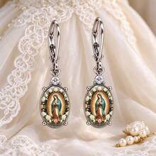 Hand-Painted Virgin Mary Earrings Vintage Floral Icon Stud Earrings Catholic Religious Jewelry Gift For Women - Silver - View 2
