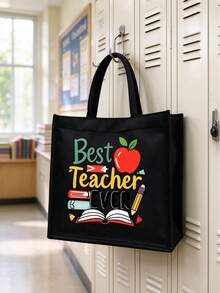 Teacher Theme Black Linen Tote Bag Set, Includes Large Tote Bag + Small Coin Purse, Printed With Best Teacher Ever Apple Design, Large Capacity Durable Canvas Material, Perfect Gift For Teacher's Day, Suitable For Students To Purchase And Give To Teachers, Daily Commute, Lesson Planning, Book And Stationery Storage - Multicolor - View 7