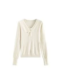 Sweet & Spicy Style Lace Trim V-Neck Fitted Base Layer Top, Women's Autumn/Winter New Bowknot Inner Layer Knit Sweater - Apricot - View 9