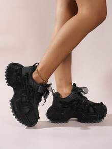 Women's Sports Shoes, Shiny Rhinestone Thick Sole Height-Increasing Lace-Up Casual Shoes, Suitable For Daily Wear In Autumn/Winter - Black - View 3