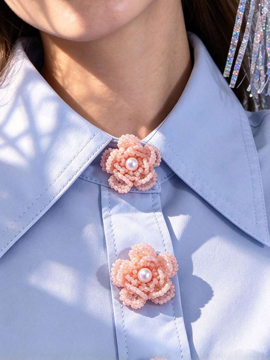 1pc/2pcs Elegant Handmade Beaded Flower Shirt Button Covers, Clip-On Button Covers, Fashion Crystal Cufflink Covers - Coral Pink - View 1