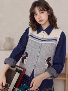 Alicedudu Women's Autumn Vintage Animal Print Cardigan Sweater Vest Fall - Light Grey - View 1