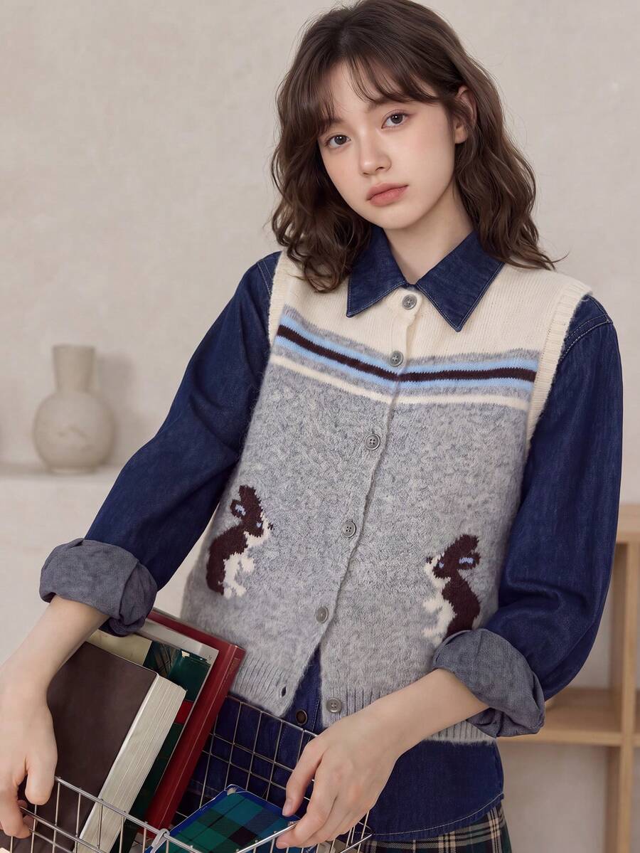 Alicedudu Women's Autumn Vintage Animal Print Cardigan Sweater Vest Fall - Light Grey - View 1