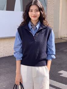 Women's Casual Minimalist Versatile Half Zip Collar Knit Vest, Autumn/Winter Style - Navy Blue - View 1