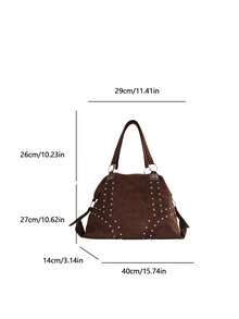 1pc Maillard Brown Suede Rivet Soft Bag, Round Ring Connection Design, 3D Rivet Arrangement, Soft Slouchy Oversized Bag Shape, Vintage American Style, Large Capacity For Daily Use, Personalized Handheld Crossbody Women's Bag - Coffee - View 3