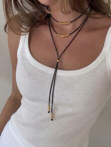 1pc Vintage Black Leather Cord Necklace, Bohemian Style Long Tassel Pendant Neck Chain, Adjustable Drawstring Design, Autumn/Winter Layering Accessory, Casual Vacation Outfit Jewelry - Gold - View 1