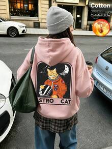 بلوزة نسائية بقلنسوة من الصوف الناعم، رسمة قطة رائد فضاء ونص "ASTRO CAT"، أسلوب Y2K، خريف/شتاء - أحمر رملي - مشاهدة 10